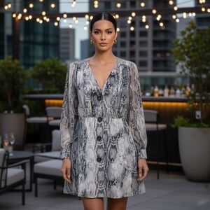 Snake Print Mini Dress – Button Front Long Sleeve